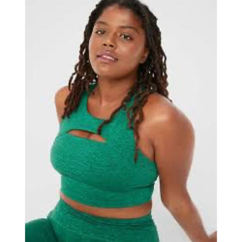 Aerie Offline Hugger Longline Bra Athletic Crop Top Green Keyhole Cutout Large